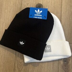 2 Pack Adidas Originals Trefoil Cuffed Beanie Hats Women's Fit White‎ And Black